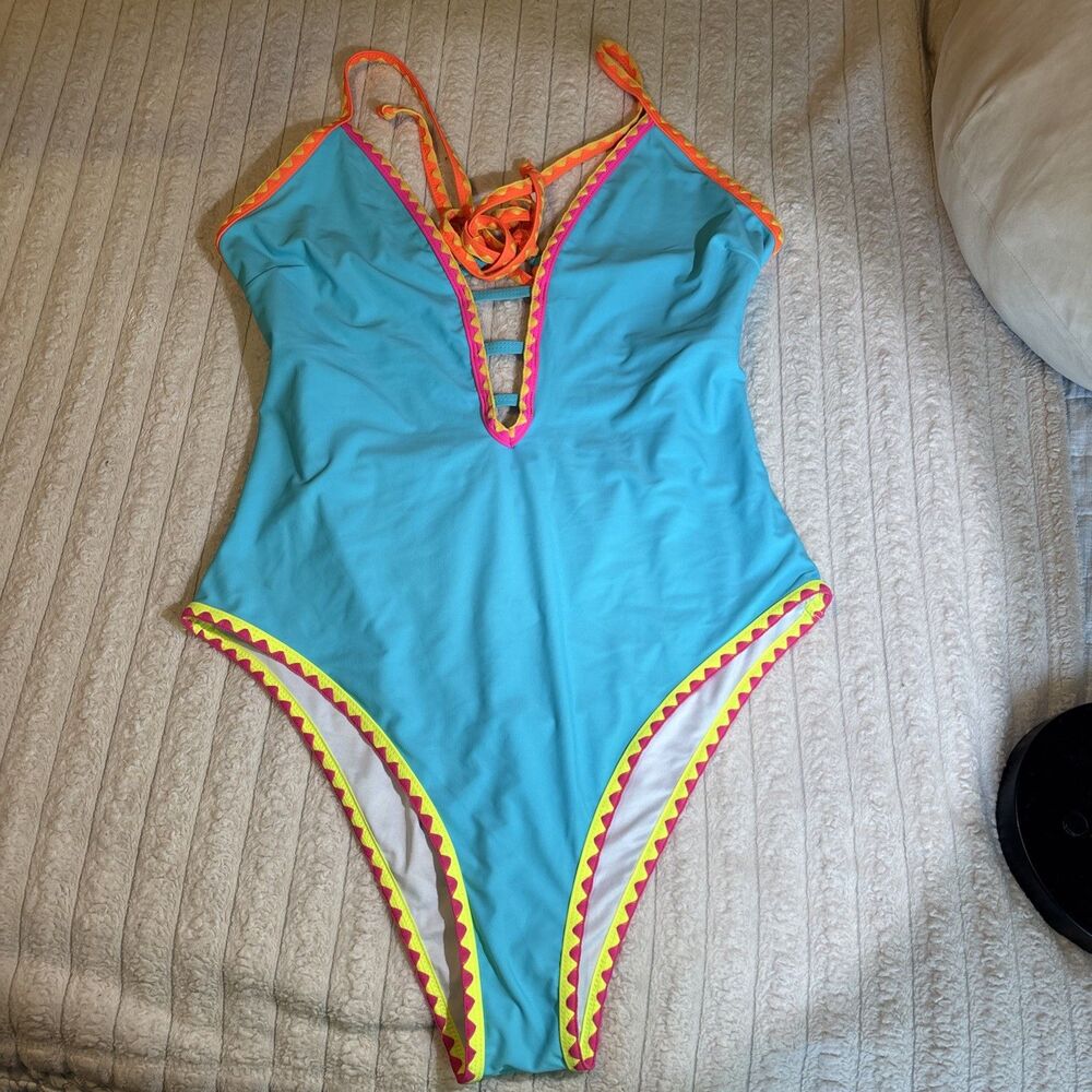POPVIL Blue Shell Trim Front Strappy Cut-Outs Back Tie One Piece Women’s SizeXXL